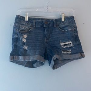 Midi Ripped Dark Wash Jean Shorts